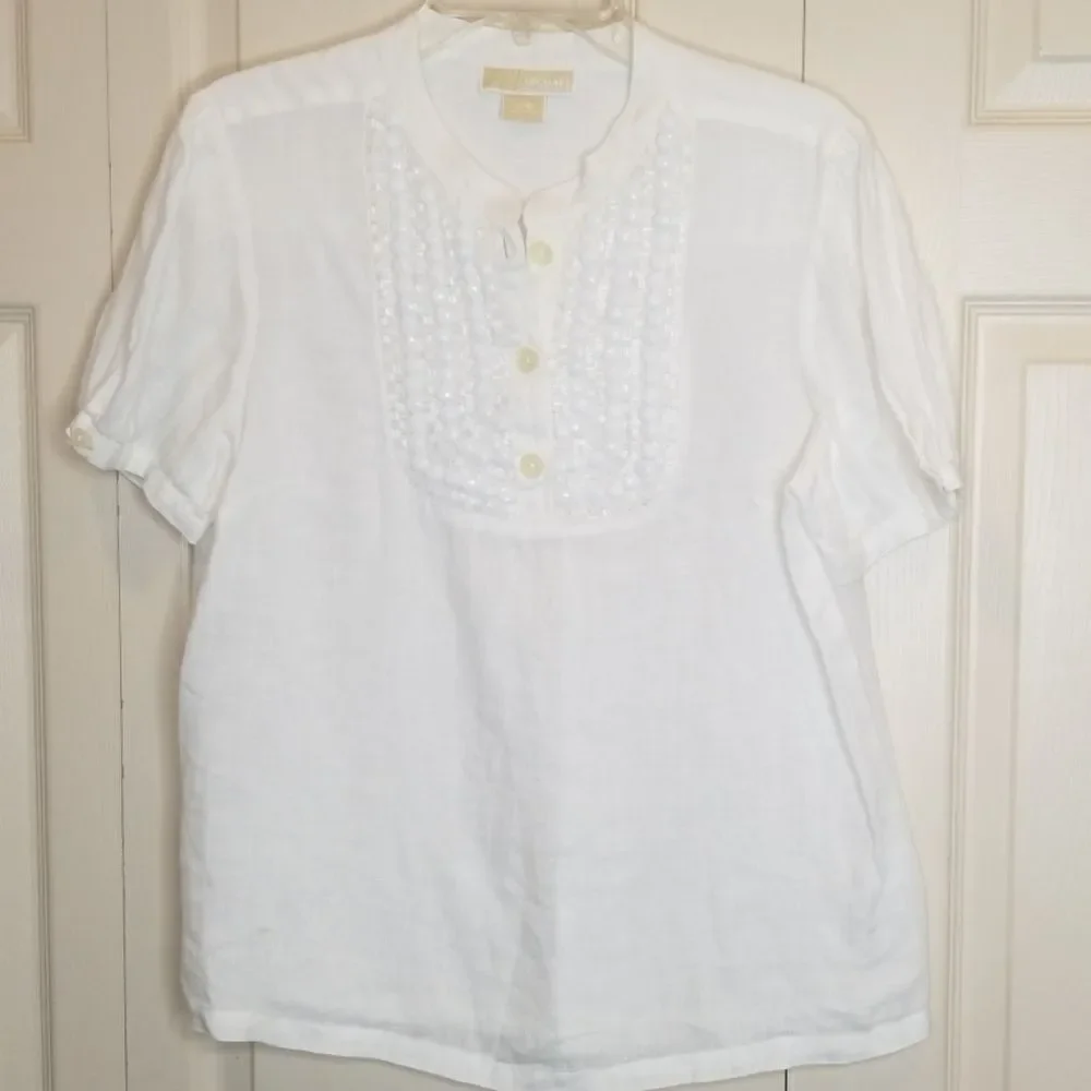 MICHAEL KORS White Linen Button Down Blouse Size Small